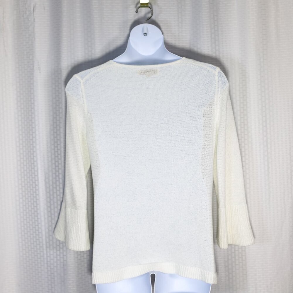 Ann Taylor Loft Size L White Knit Summer Sweater Bell Sleeve, V-neck Cotton - Picture 7 of 10
